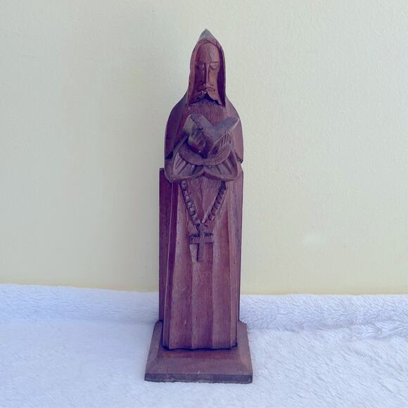 Vtg Carved Wood Monk Religious Art Statue Bible Rosary Cross Praying Altar - Picture 2 of 8